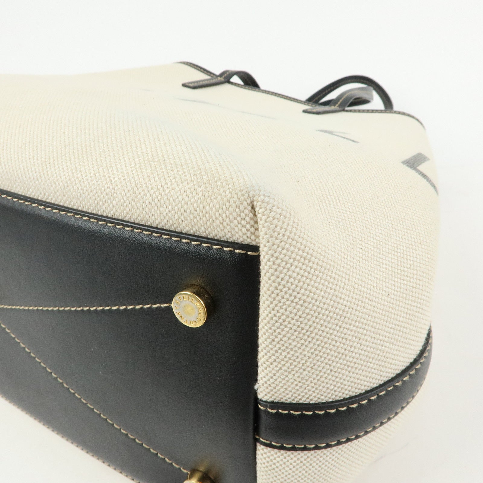 STELLA MCCARTNEY Leather Canvas Tote Bag Shoulder Bag Ecru Black