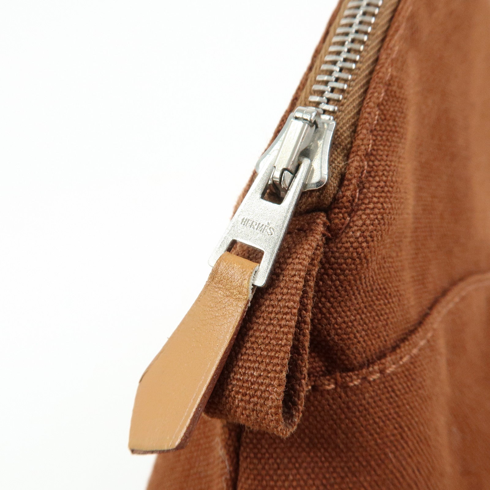 HERMES Bolide MM Cotton Leather Cosmetic Pouch Brown Beige