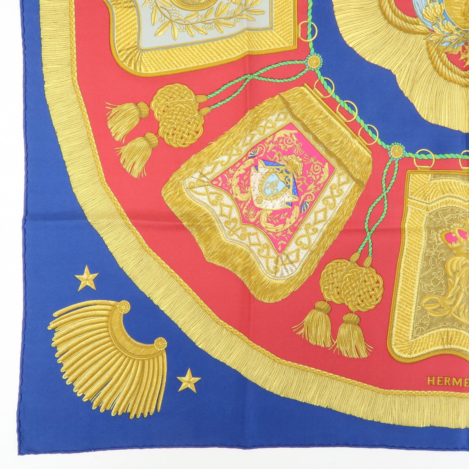 HERMES Carre 90 Silk 100% Scarf Poste et Cavalerie Blue Yellow Red