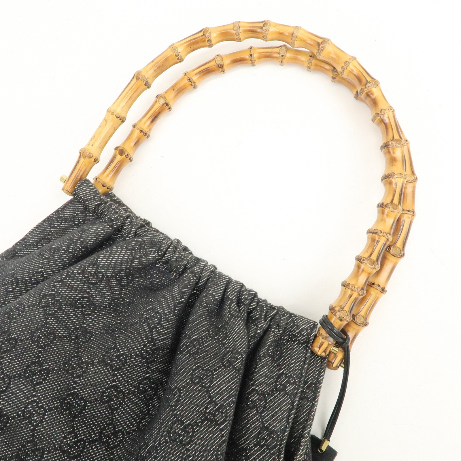 GUCCI Bamboo GG Monogram Denim Shoulder Bag Hand Bag Black 92709