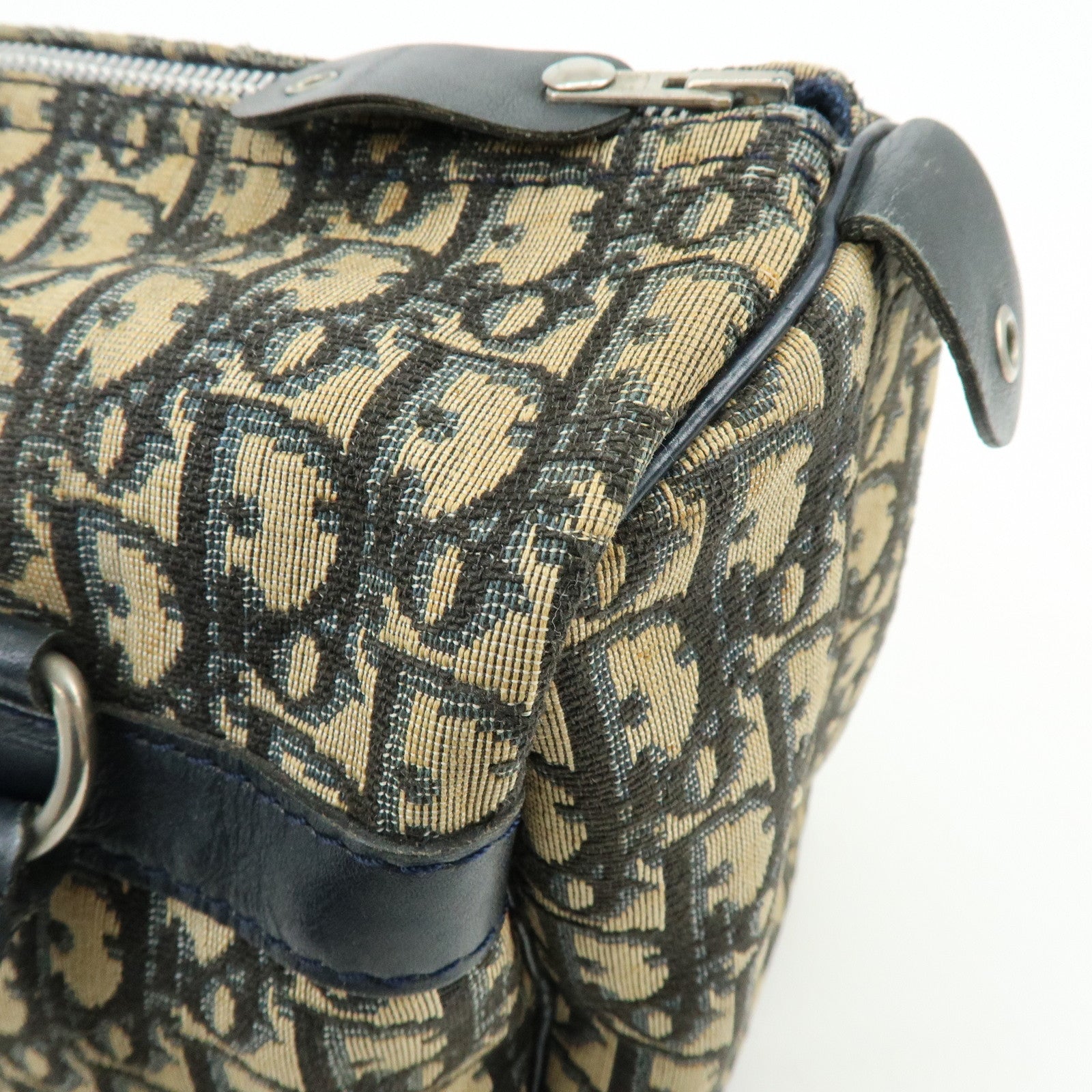 Christian Dior Trotter Leather Boston Bag Hand Bag Beige Navy