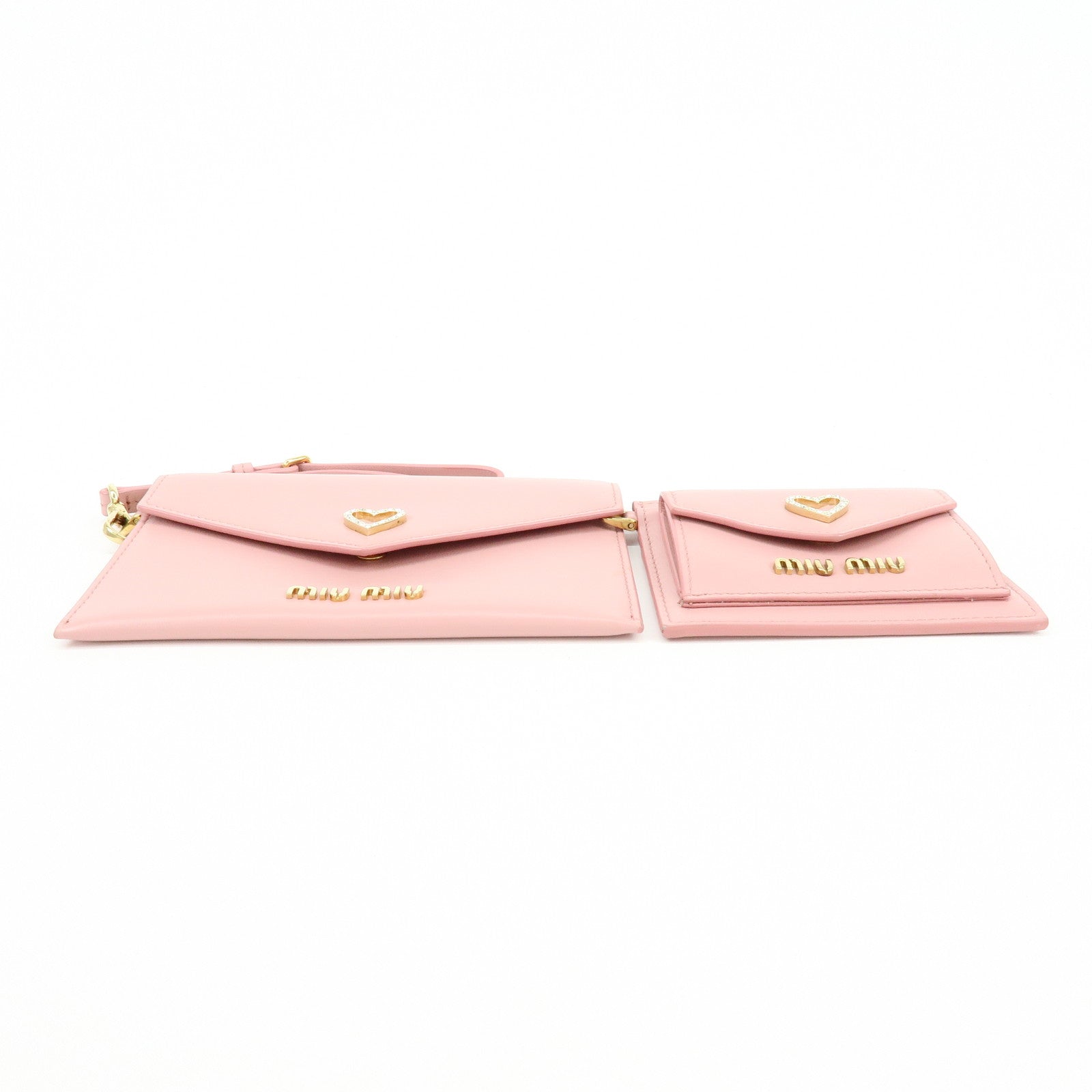 MIU MIU Madras Leather Rhinestone Card Case Heart Love letter Pink
