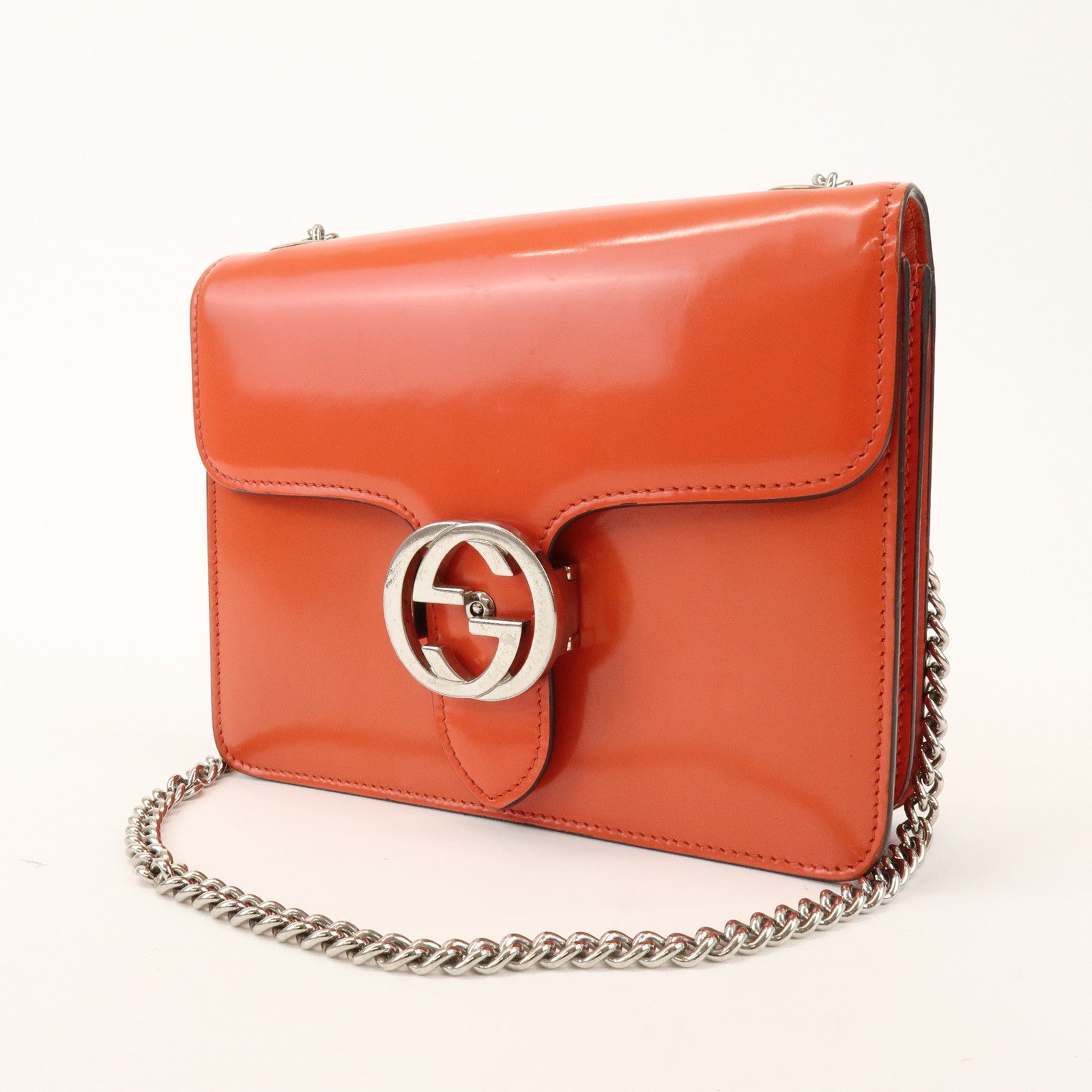 GUCCI Interlocking G Patent Leather Chain ShoulderBag Orange 387609