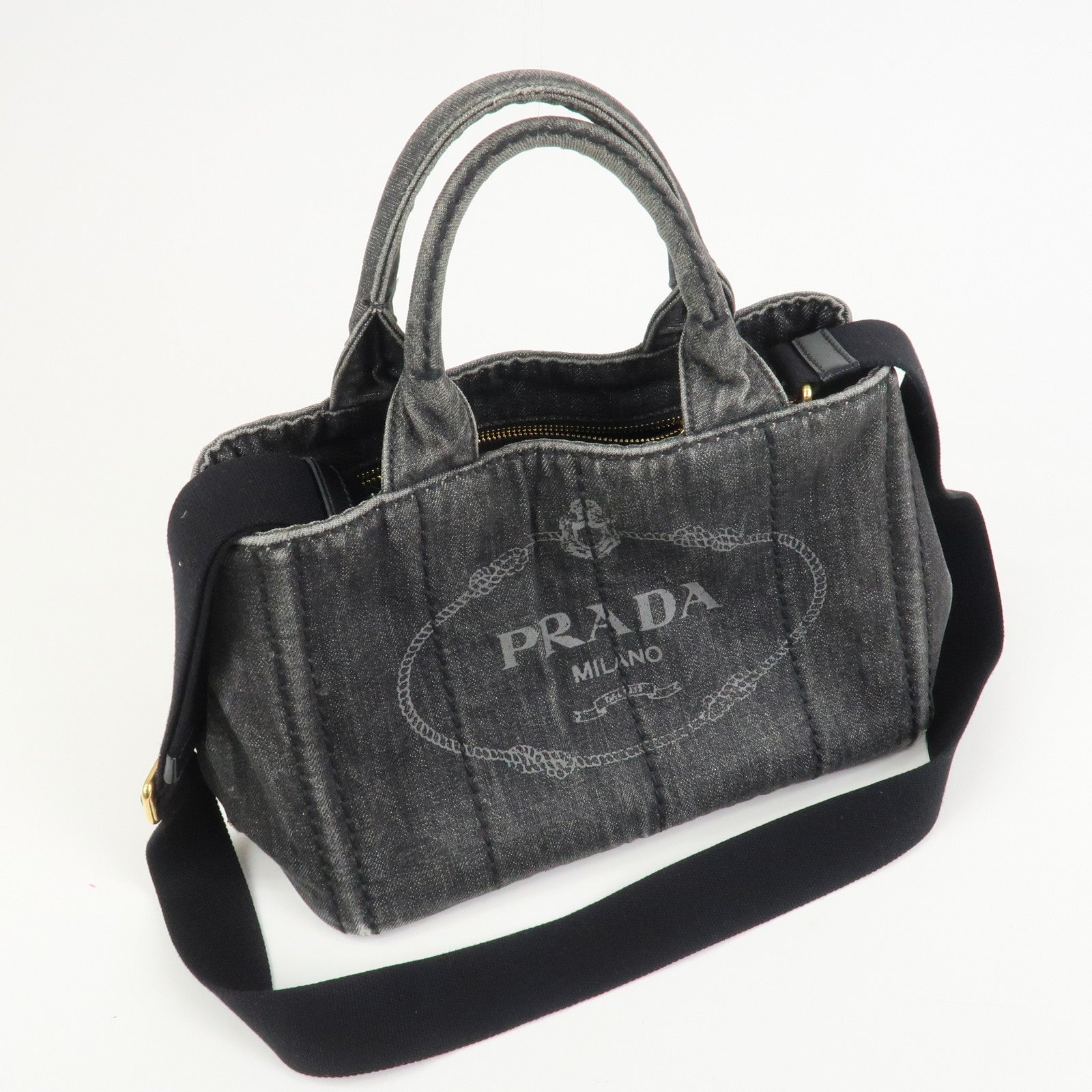 PRADA Canapa Mini Canvas Denim 2Way Shoulder Hand Bag Black B2439G