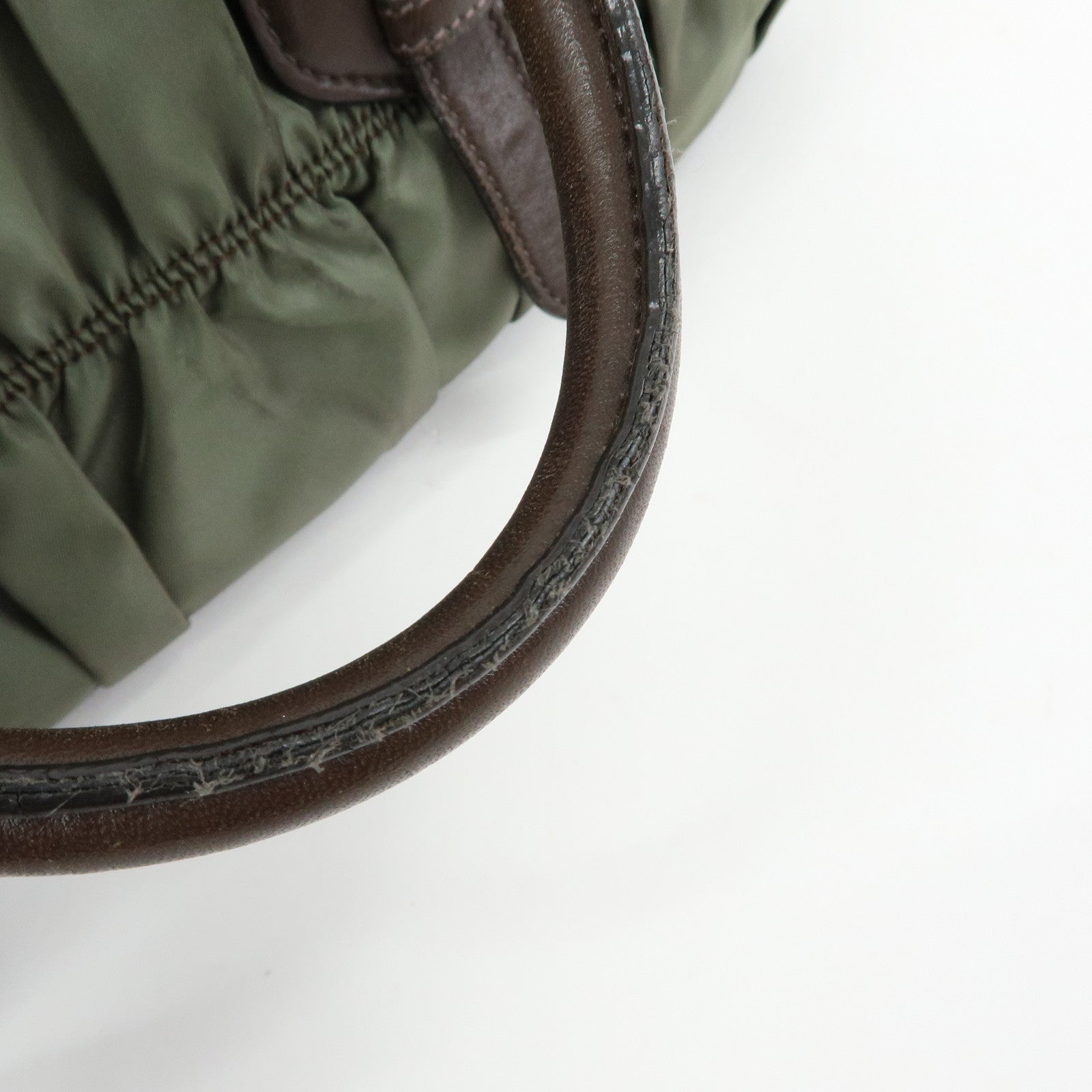 PRADA Nylon Leather Gathered 2Way Bag Hand Bag Khaki BN1407