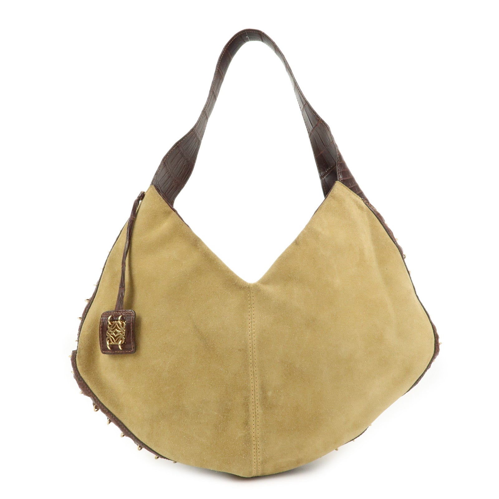 LOEWE Anagram Suede Embossed Leather Shoulder Bag Hand Bag Beige