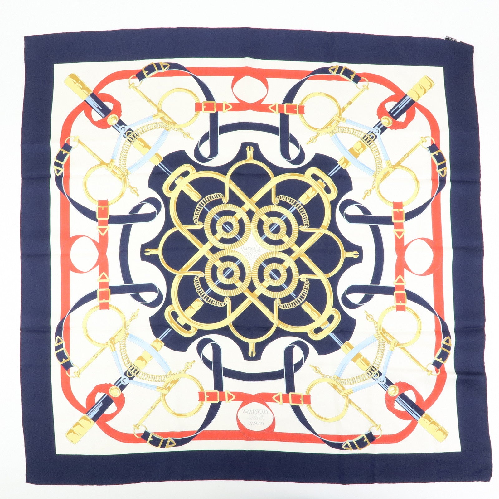 HERMES Carre 90 Silk 100% Scarf Eperon d'or Navy Ivory Red Gold