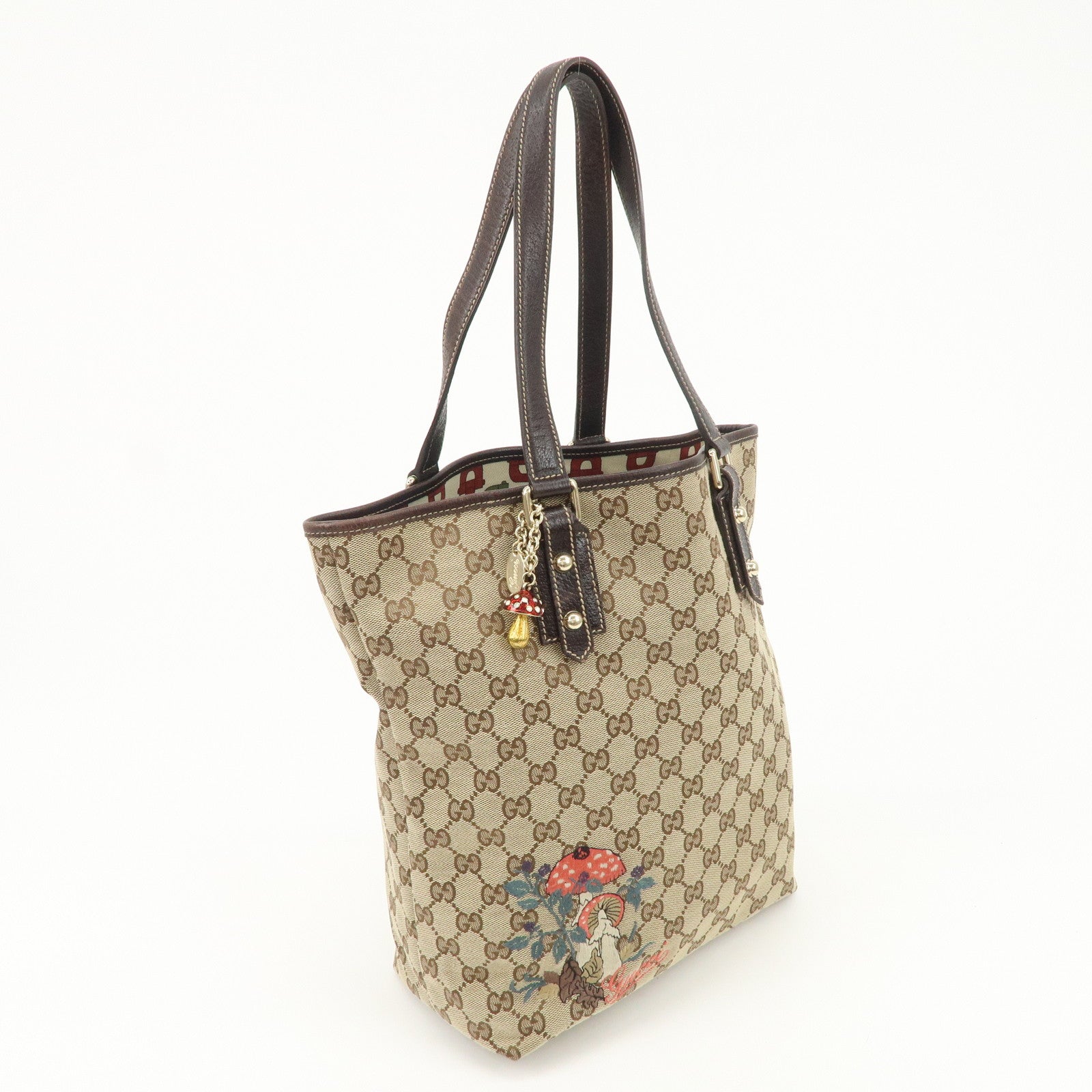 GUCCI GG Monogram Canvas Leather Tote Bag Beige Mushroom 163695