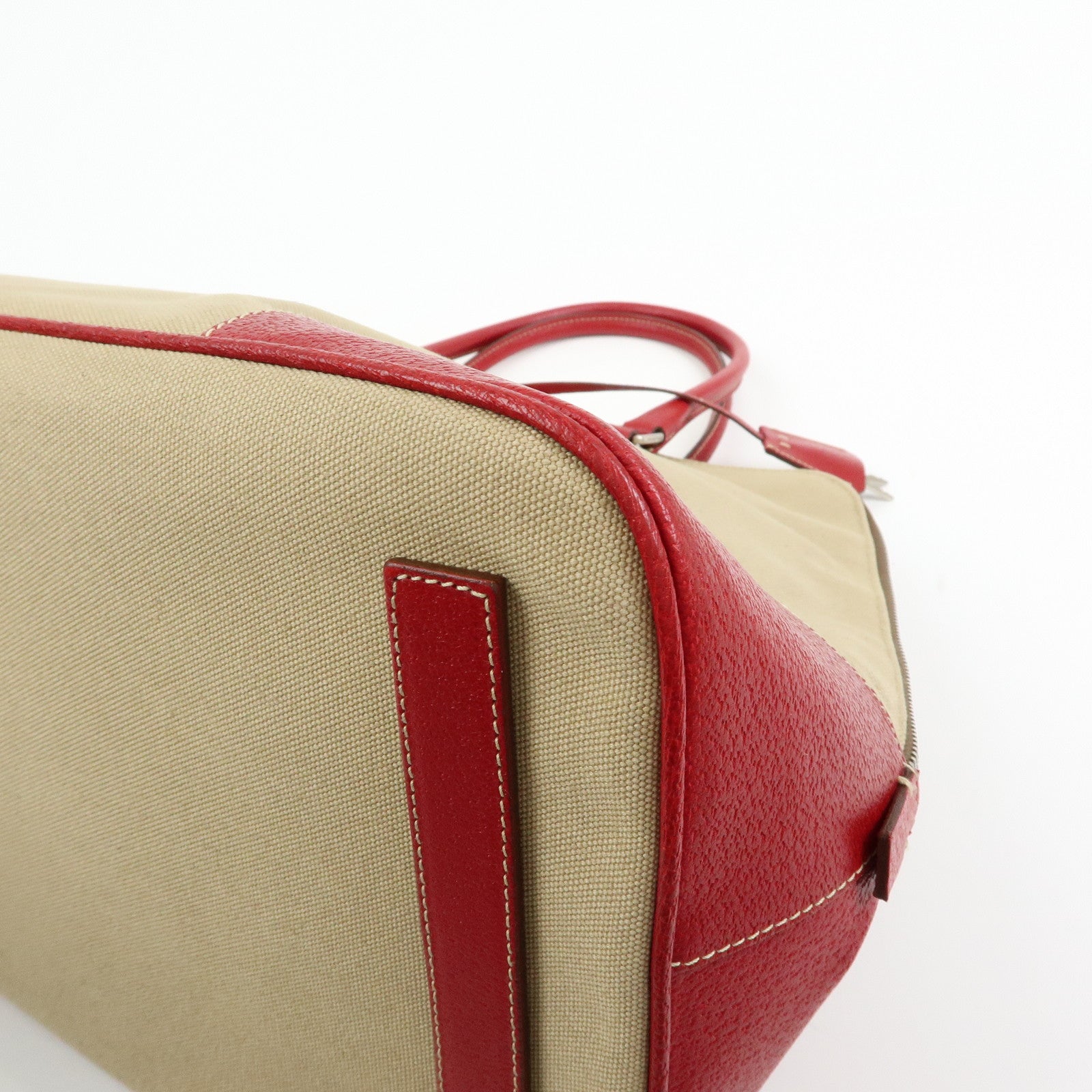 PRADA Triangle Logo Canvas Leather Hand Bag Beige Red