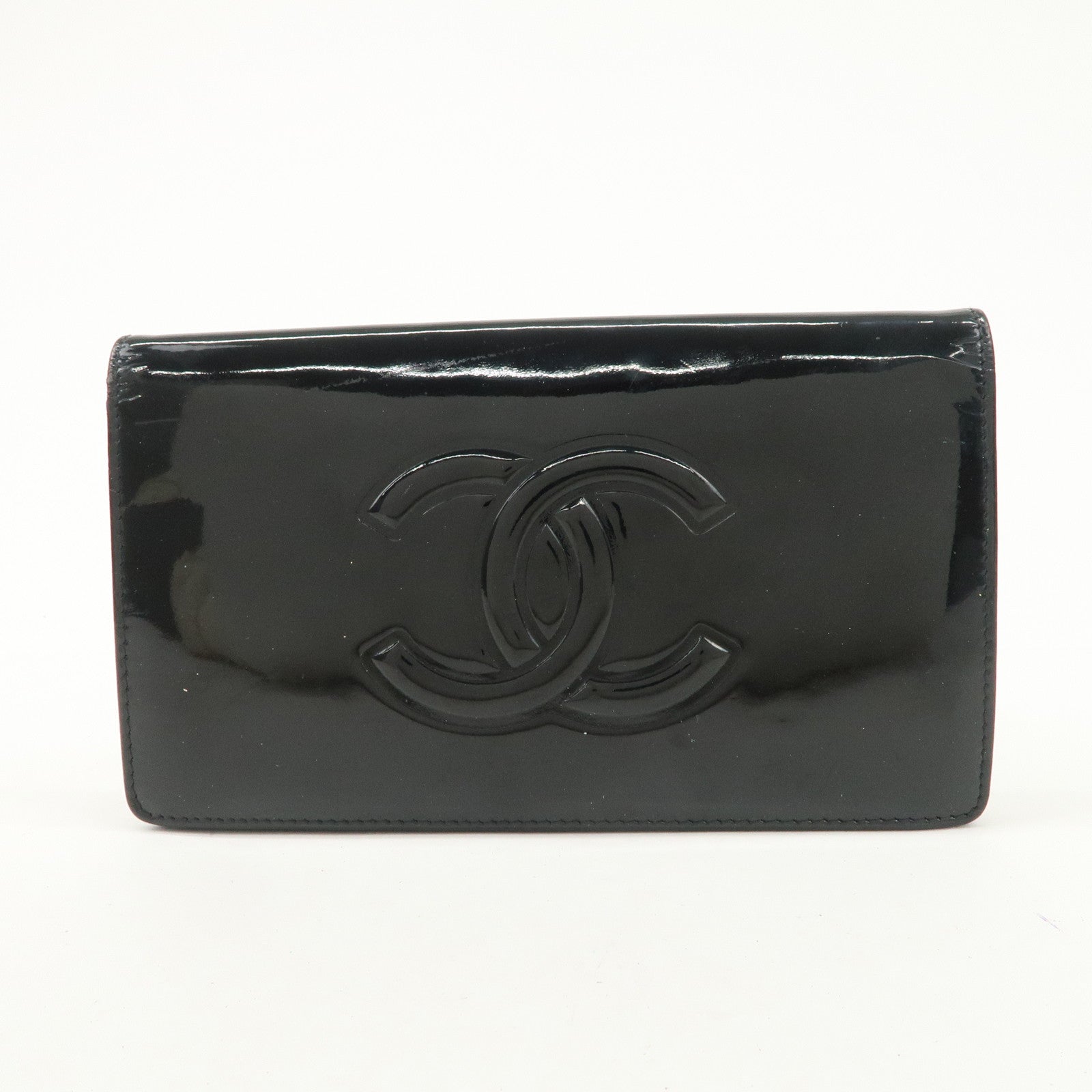 CHANEL Camelia Make Up Palette Patent Leather Long Wallet A46074 Used