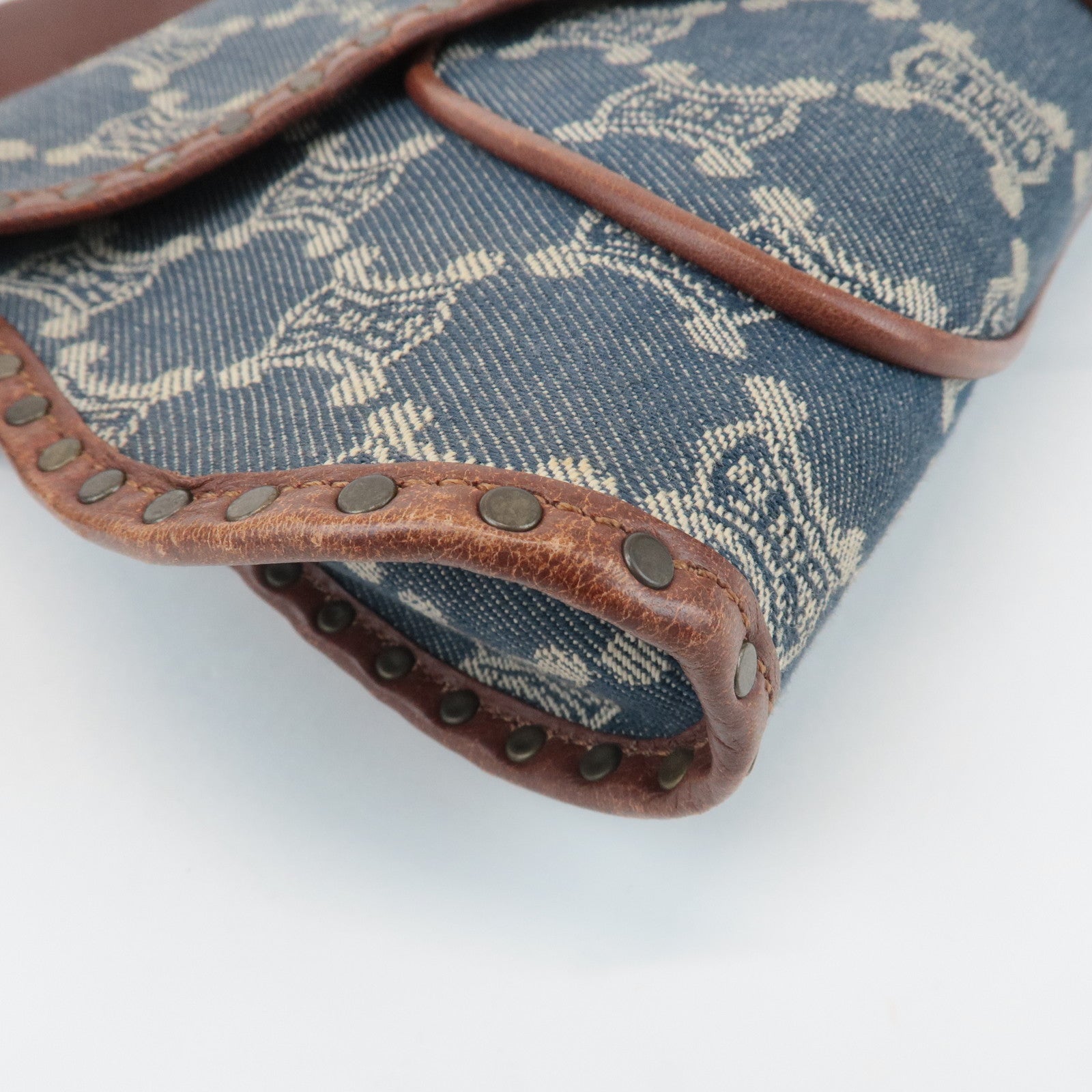 CELINE Macadam Denim Canvas Leather Shoulder Bag Blue Brown Used