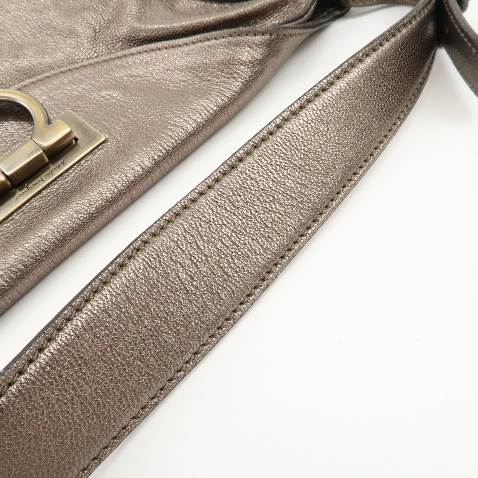 Ferragamo Gancini Leather Shoulder Bag Hand Bag Metallic Gray