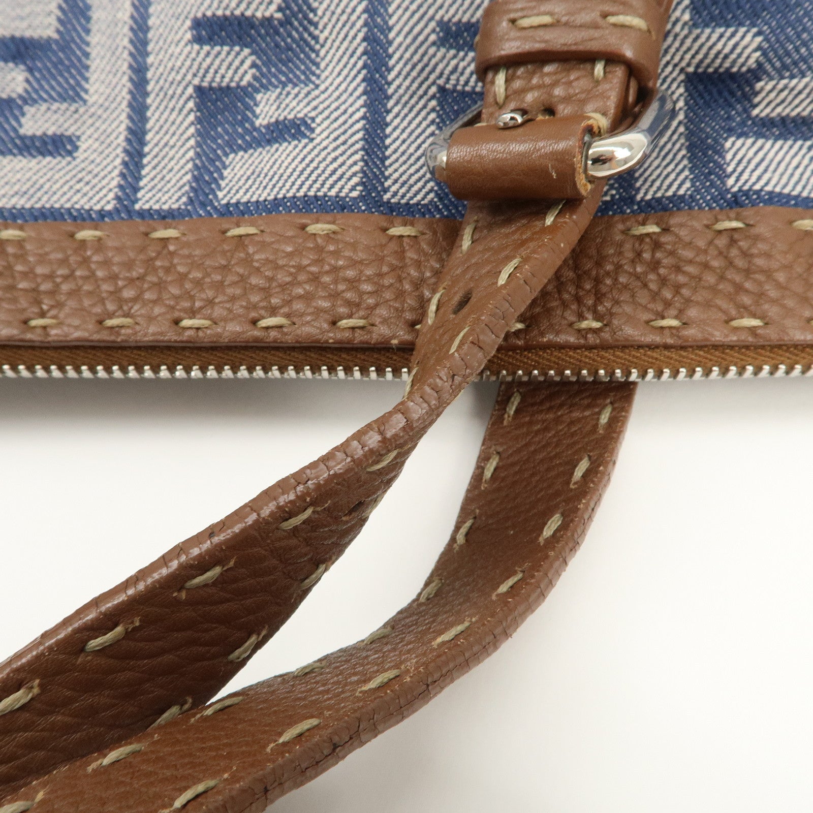 FENDI Zucca Seleria Denim Leather Tote Bag Hand Bag Blue 8BH179