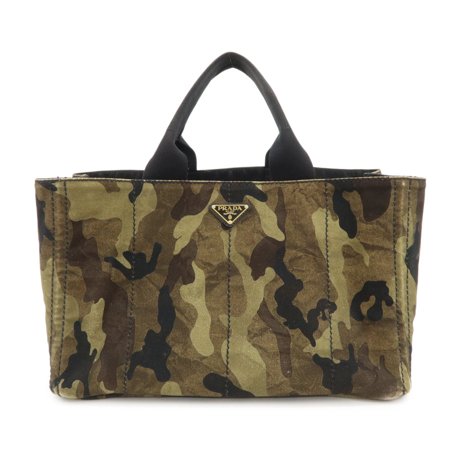 PRADA Triangle Logo Canvas Canapa Tote Bag Black Green BN2020