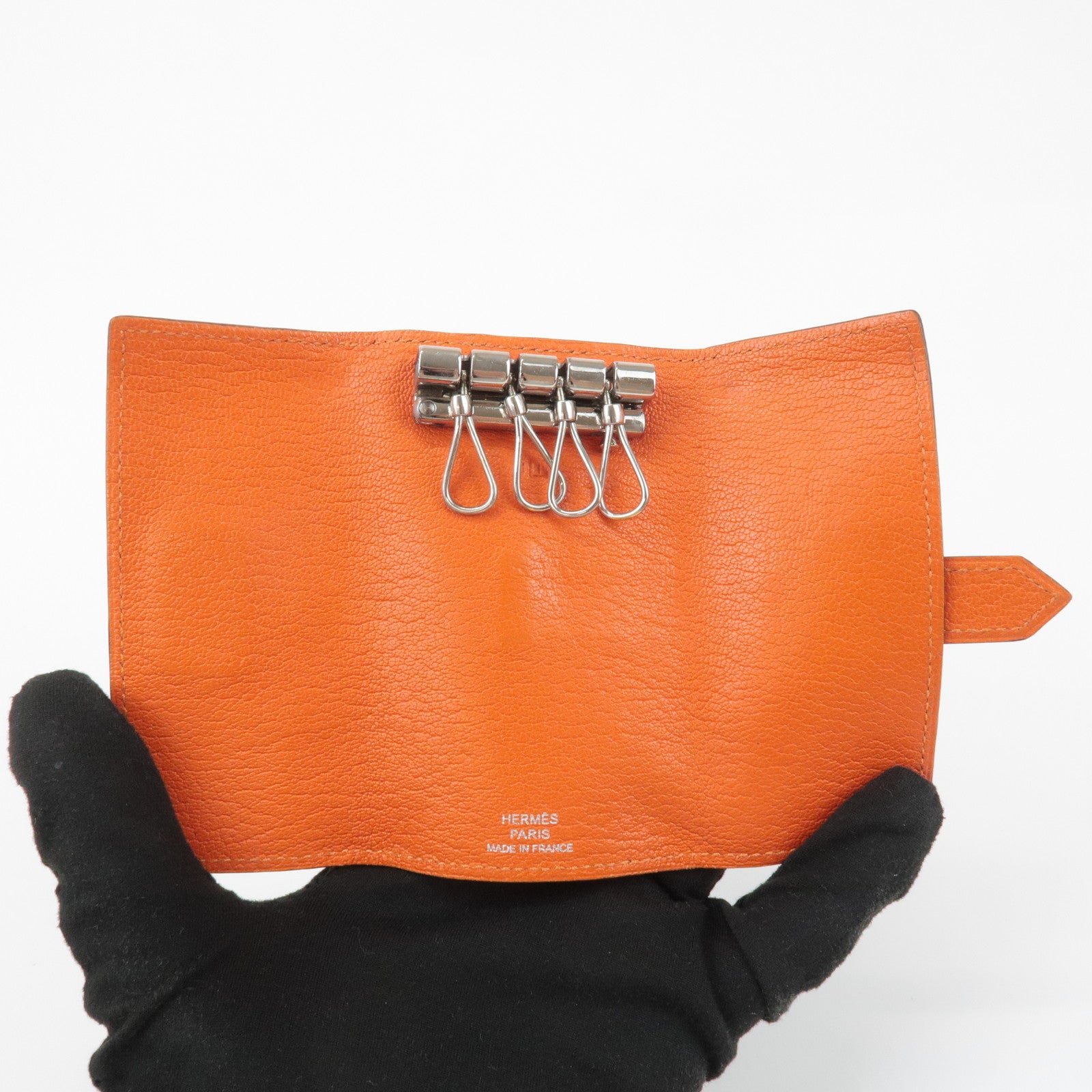 HERMES Shable Bean Leather 4 Rings Key Case I Stamped Orange