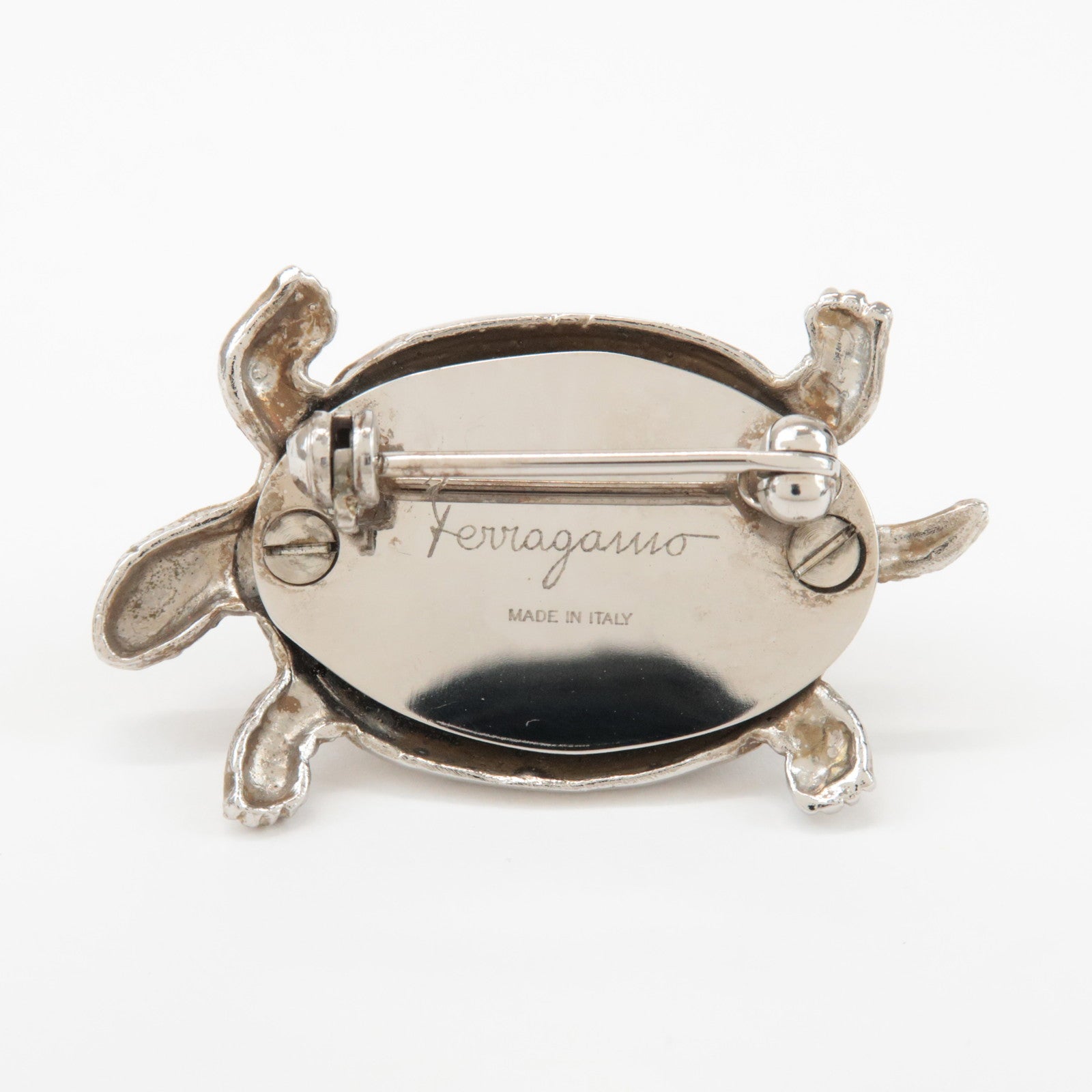 Ferragamo Metal Stone Accessory Turtle Brooch Silver Black