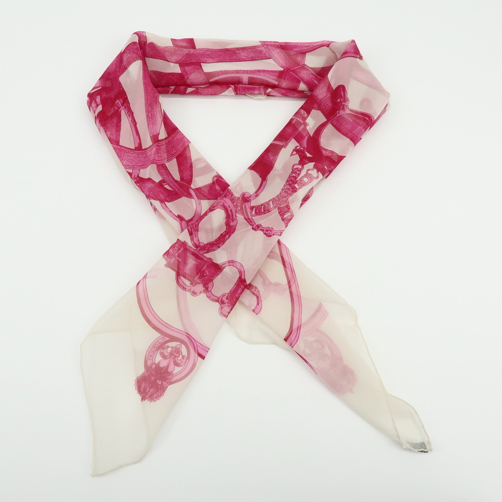 HERMES Carre 90 Silk 100% Scarf CAVALCADOUR Chain Belt Pink Ivory