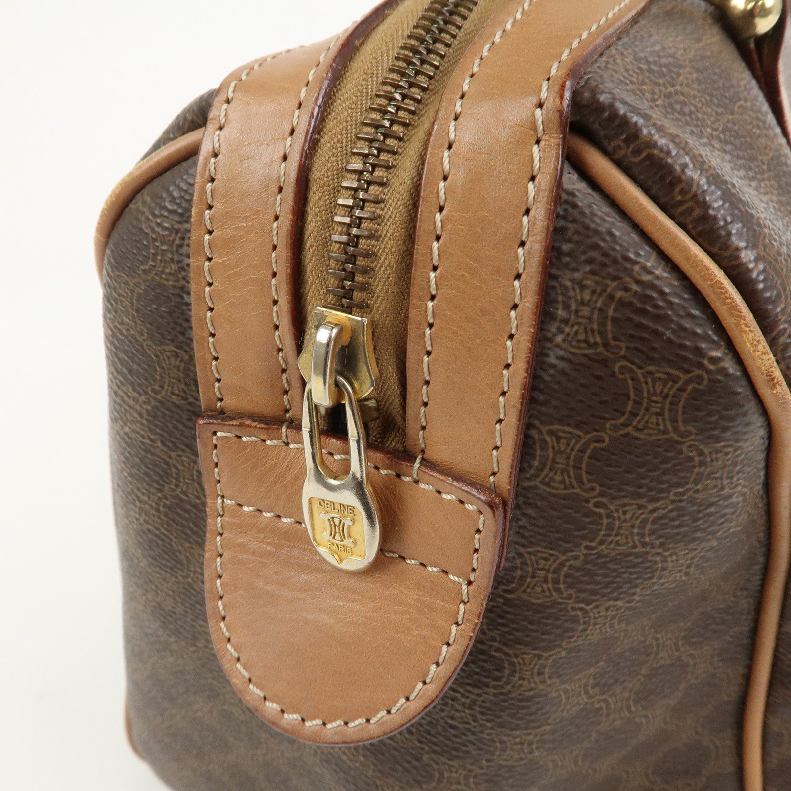 CELINE Macadam Logo PVC Leather Boston Bag Hand Bag Brown