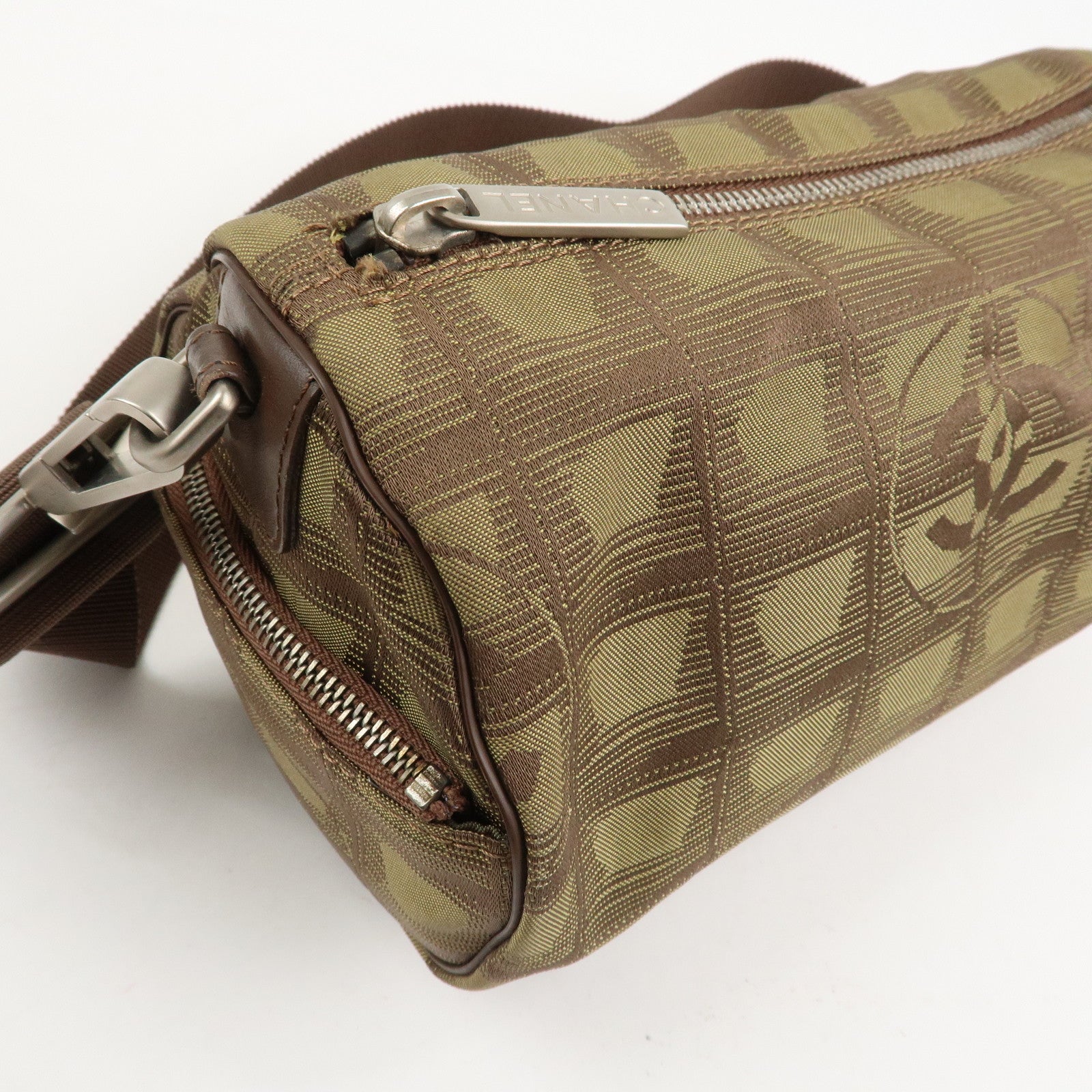 CHANEL New Travel Line Nylon Jacquard Shoulder Bag Khaki Used