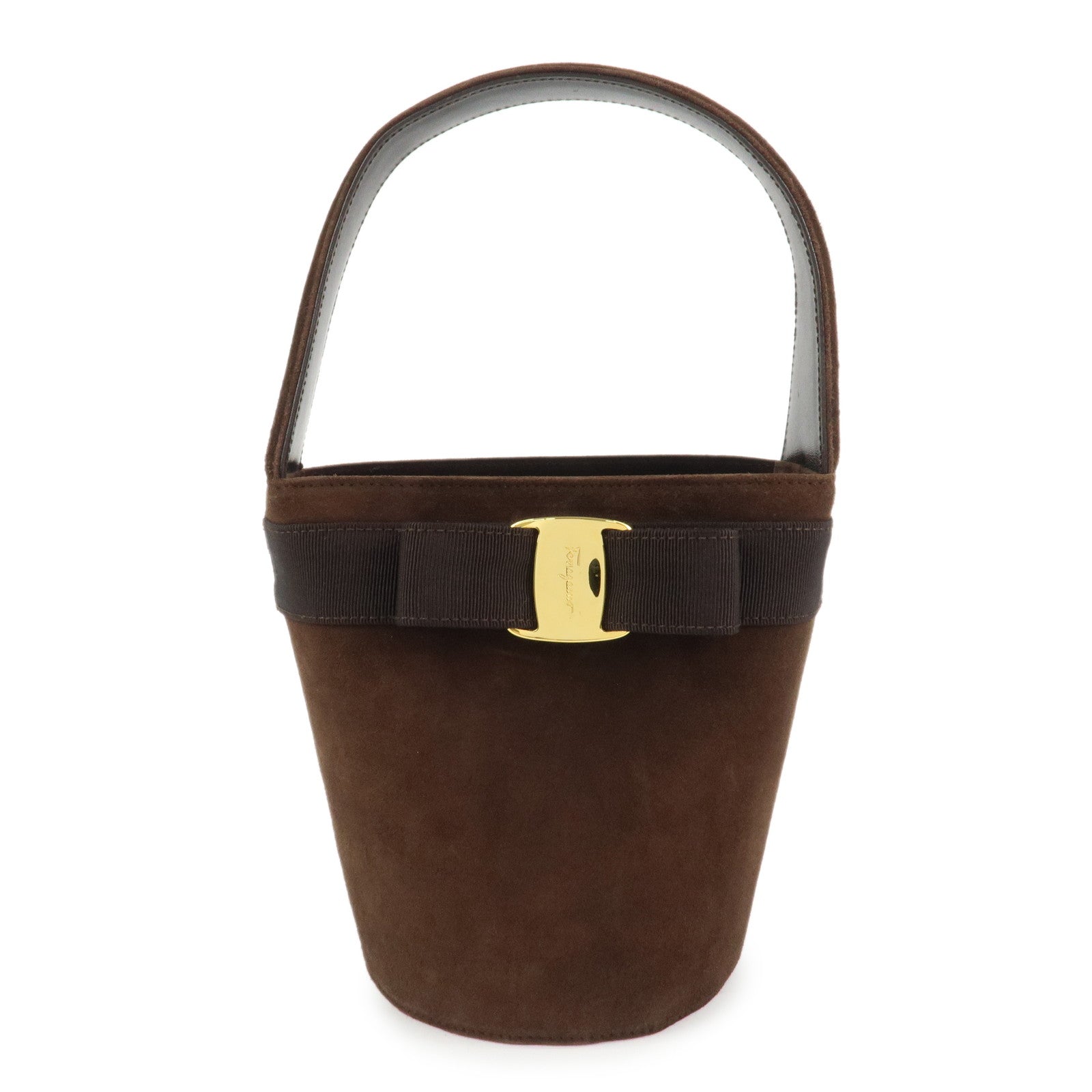 Ferragamo Vara Ribbon Suede Leather Hand Bag Brown Gold