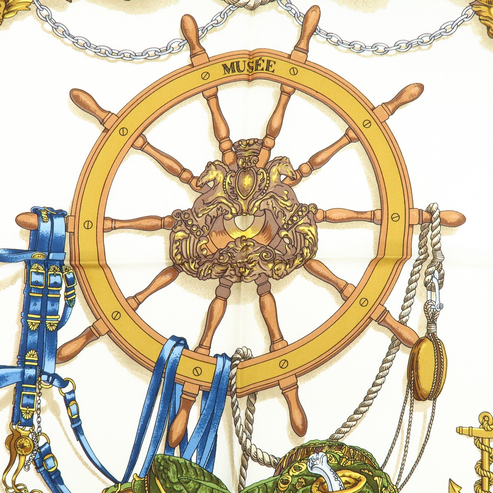 HERMES Carre 90 Silk 100% Scarf MUSEE Navy Ivory