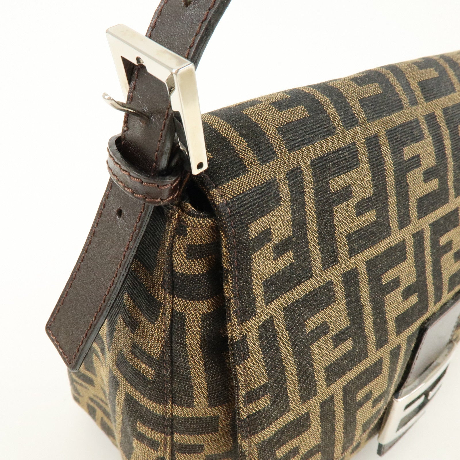 FENDI Mamma Baguette Zucca Canvas Leather Shoulder Bag Brown 26325