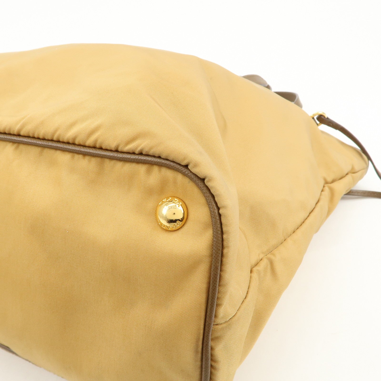 PRADA Logo Nylon Saffiano Leather Tote Bag Shoulder Bag Light Brown