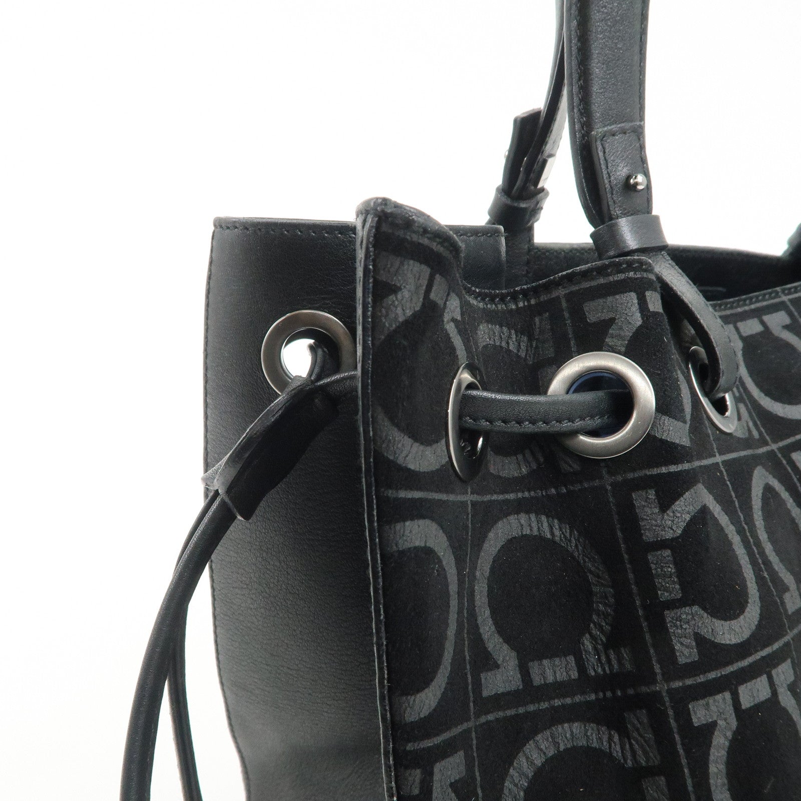 Ferragamo Gancini Leather Suede Shoulder Bag Hand Bag Black