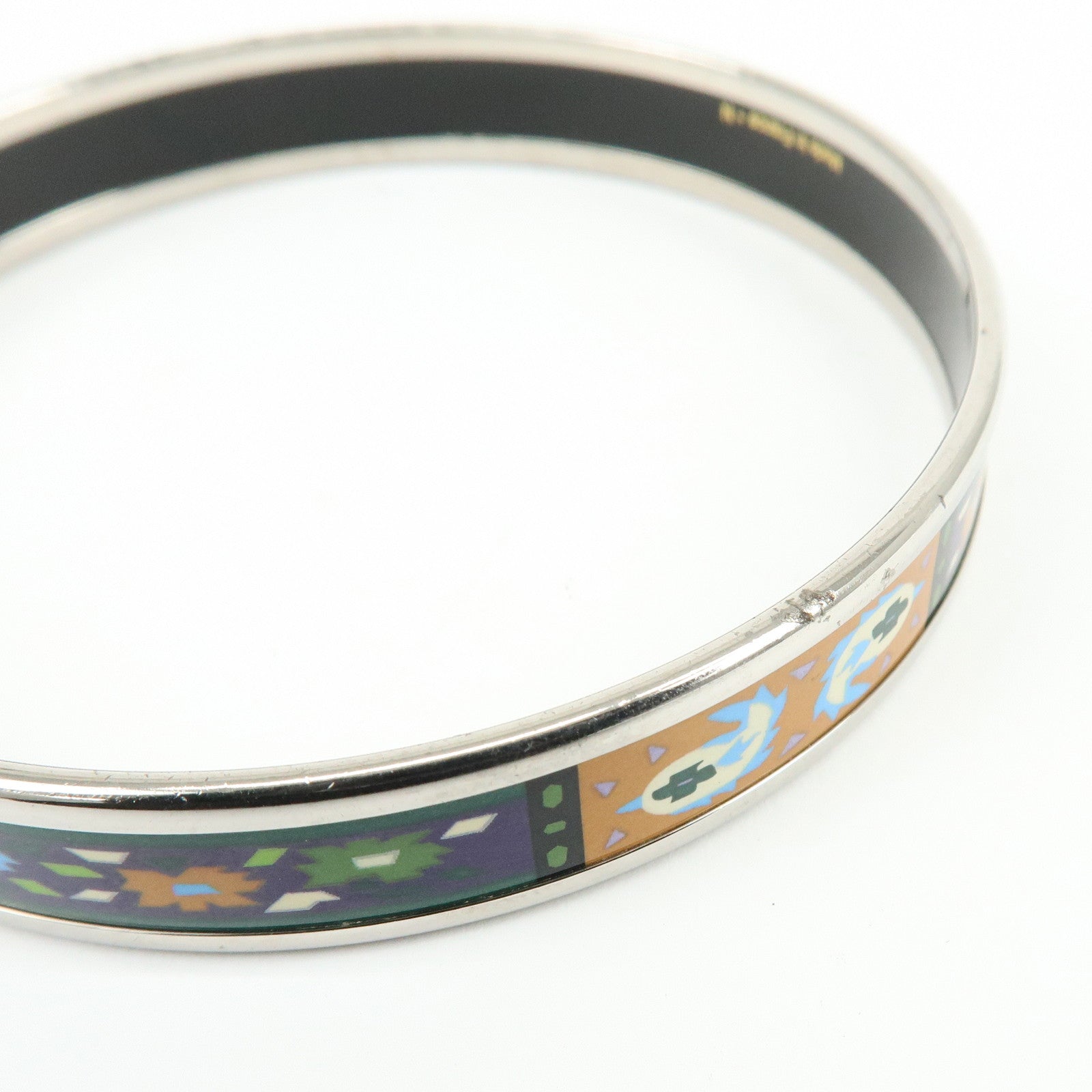 HERMES Email PM Silver Plated Bracelet Bangle Green Multicolor