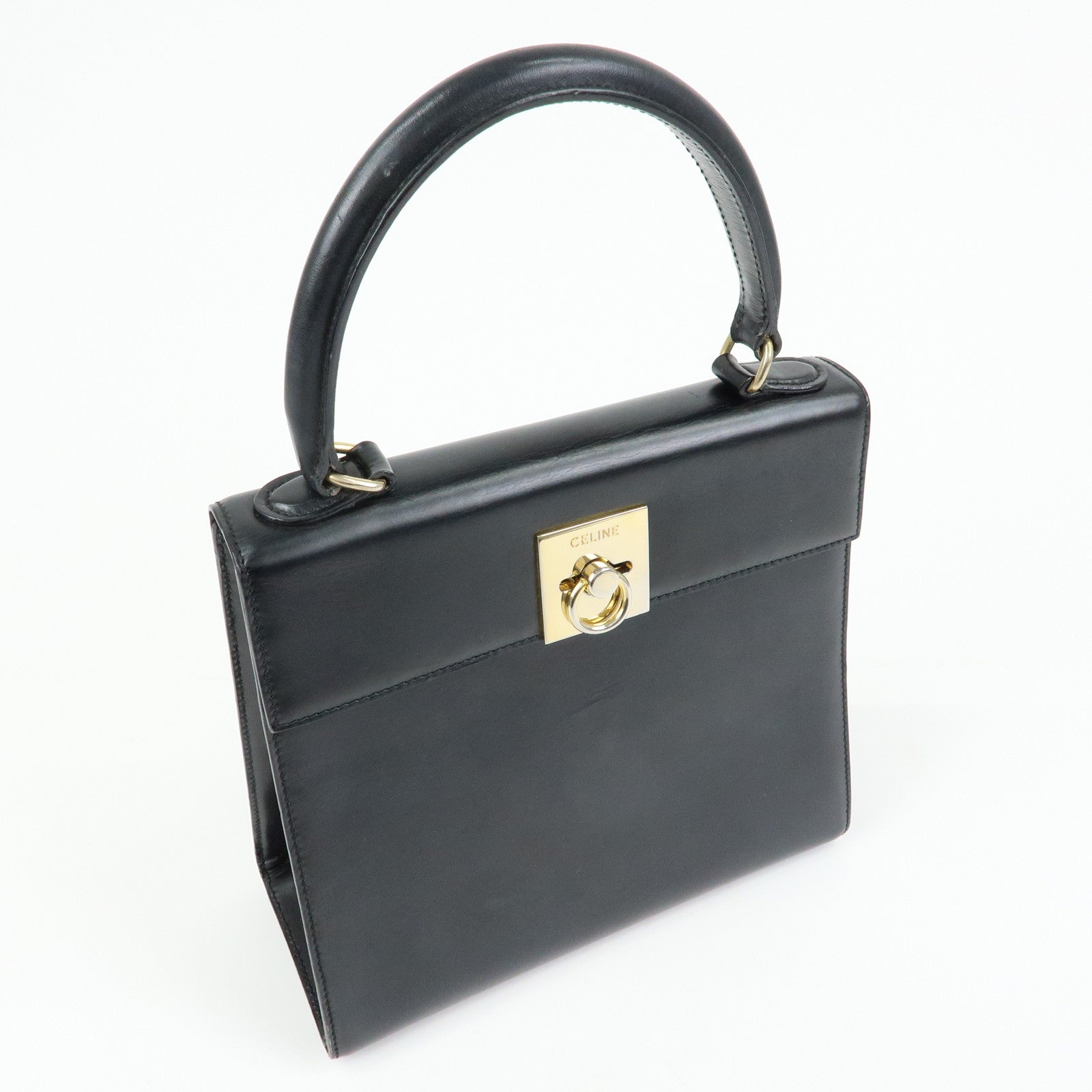 CELINE Leather Top Handle 2Way Hand Bag Shoulder Bag Black