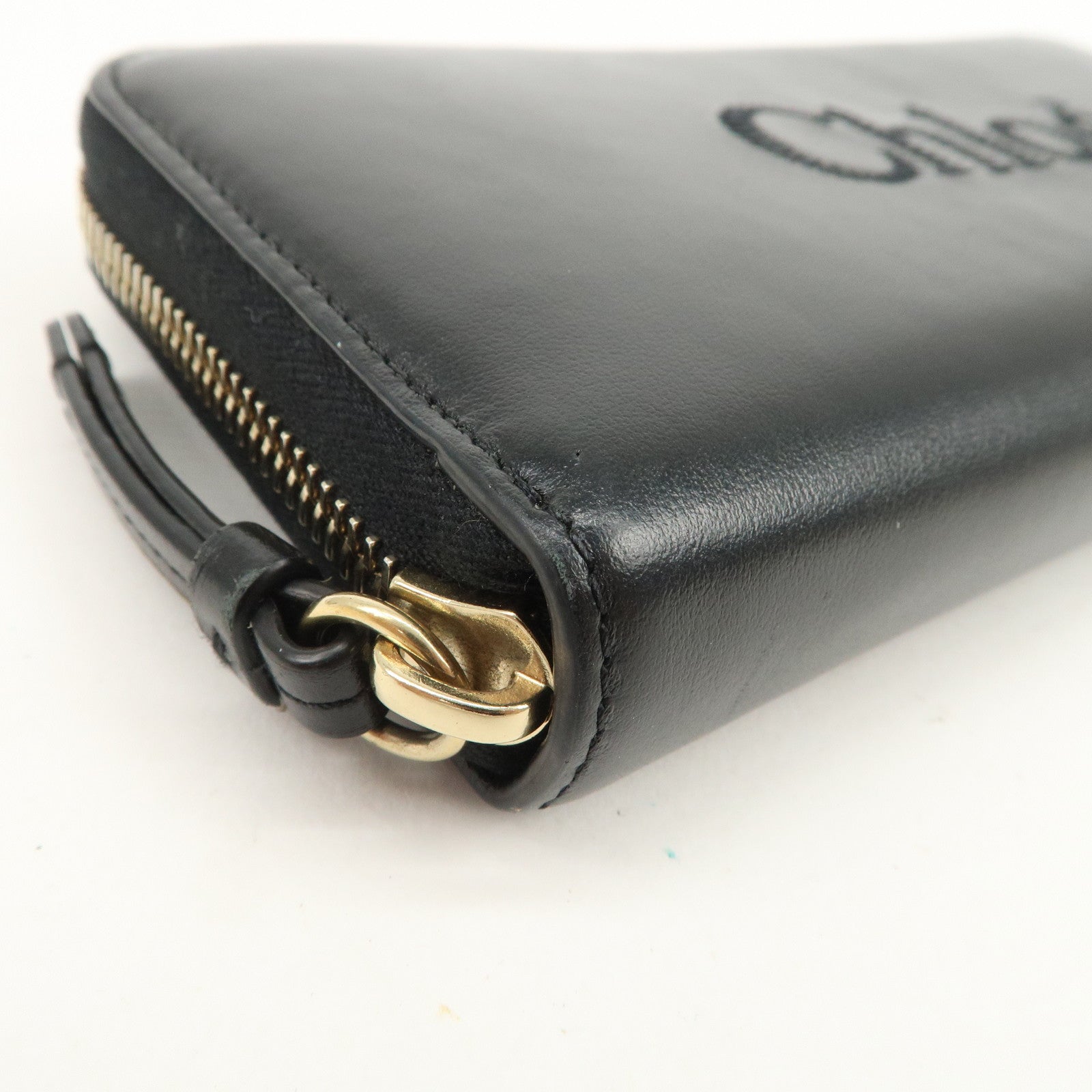 Chloe Logo Leather Round Zippy Long Wallet Black