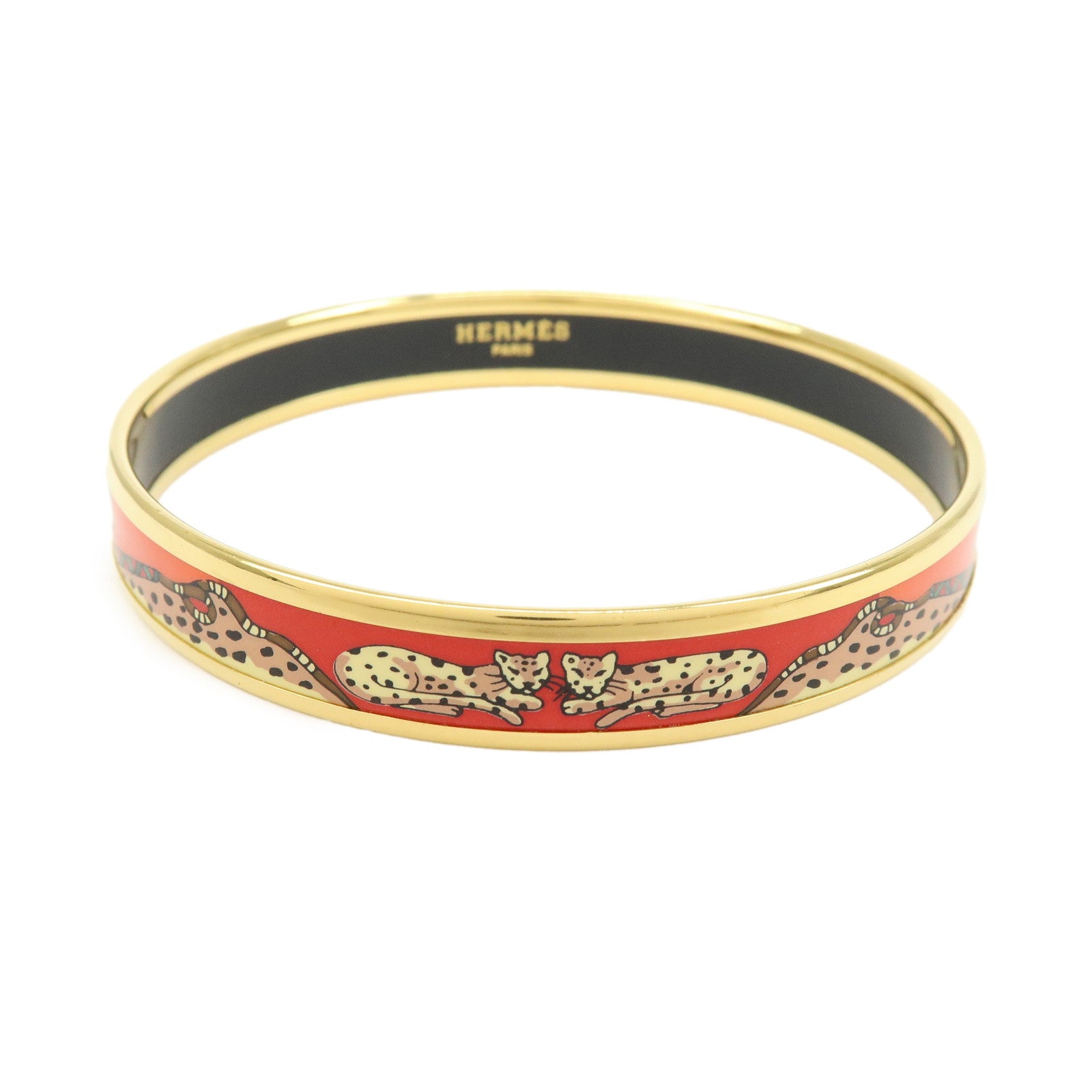 HERMES Email PM Bangle Gold Plated Bracelet Leopard Motif Orange