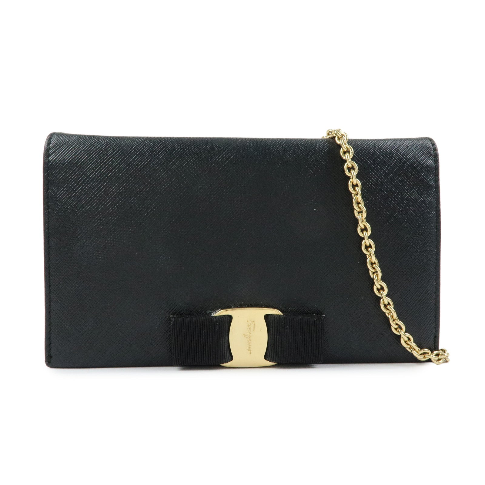 Ferragamo Vara Ribbon Leather Chain Wallet Shoulder Bag Black