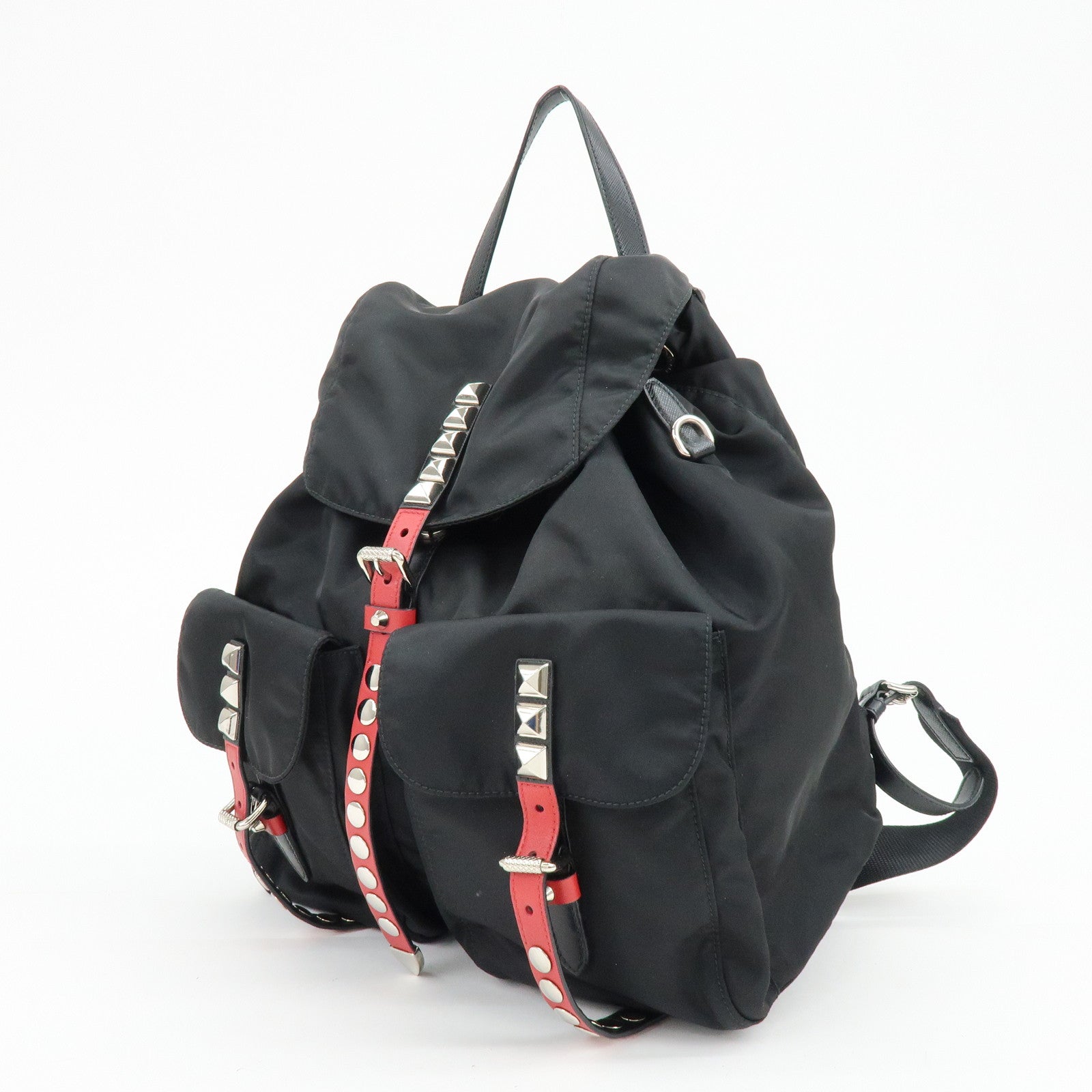 PRADA Triangle Logo Nylon Leather Backpack Studs Black Red1BZ811
