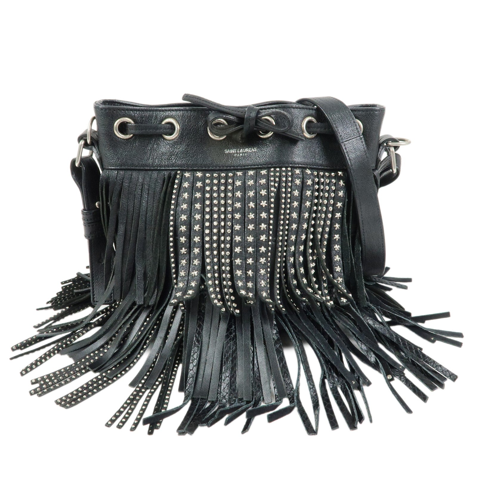 SAINT LAURENT PARIS Leather Fringe Shoulder Bag Black 357603