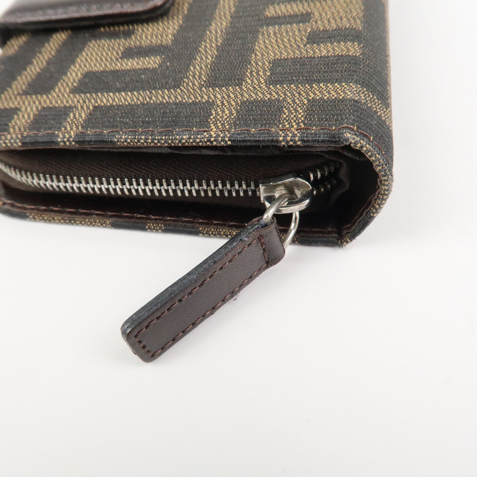 FENDI Zucca Canvas Leather Bi-fold Compact Wallet Brown Black 16348