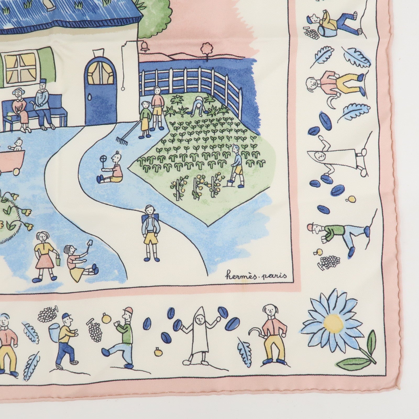 HERMES Carré45 RE TOUR A LA TERRE Scarf Silk 100% Ivory Pink