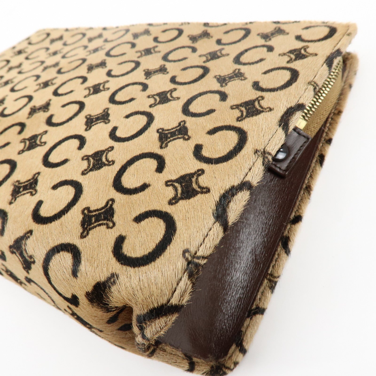 CELINE C Macadam Pony Hair Leather Clutch Bag Pouch Beige Brown