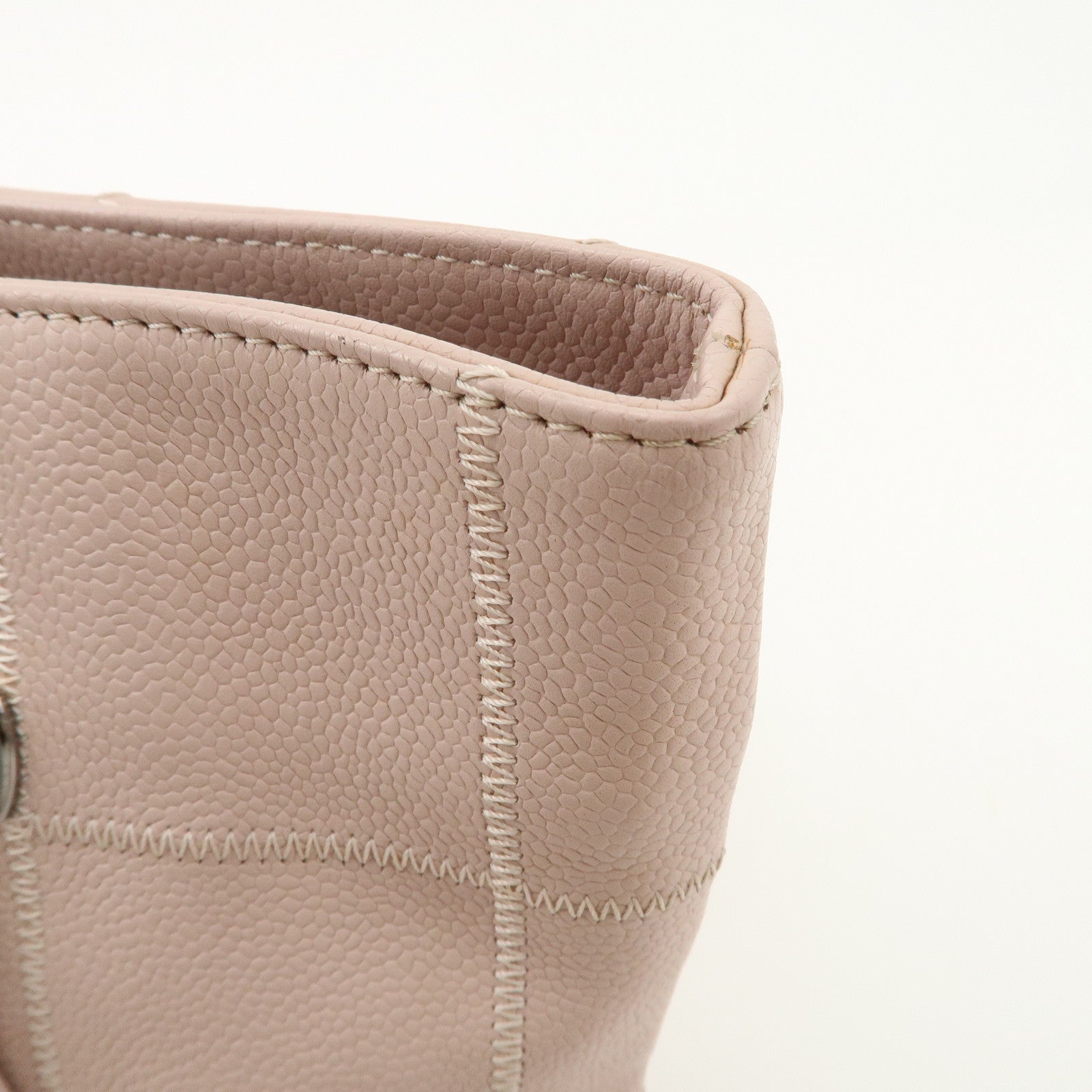 CHANEL Chocolate Bar Caviarskin Tote Bag Hand Bag Pink Silver Used