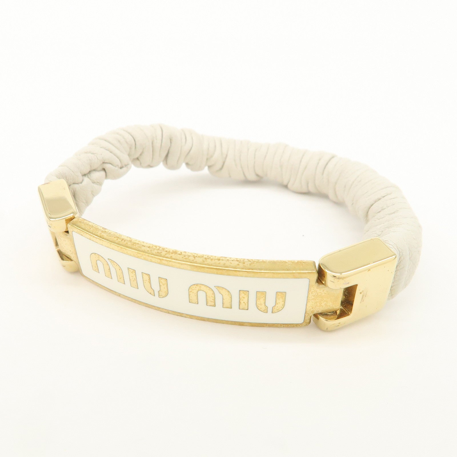MIU MIU Leather Logo Plate Gathered Bracelet Ivory Gold 5IB425