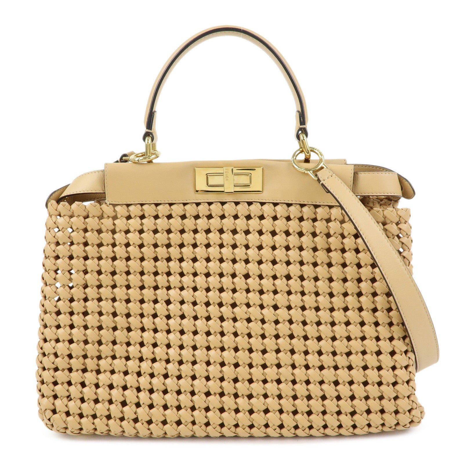 FENDI Peekaboo Medium Leather 2Way Hand Shoulder Bag Beige 8BN290