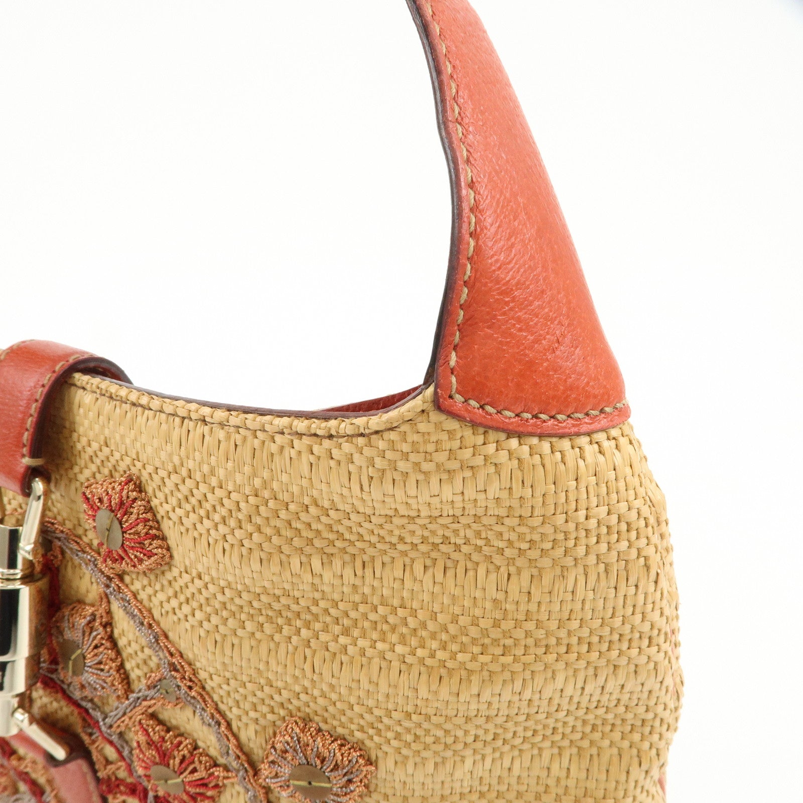 GUCCI New Jackie Raffia Leather Shoulder Bag Natural Orange 140040
