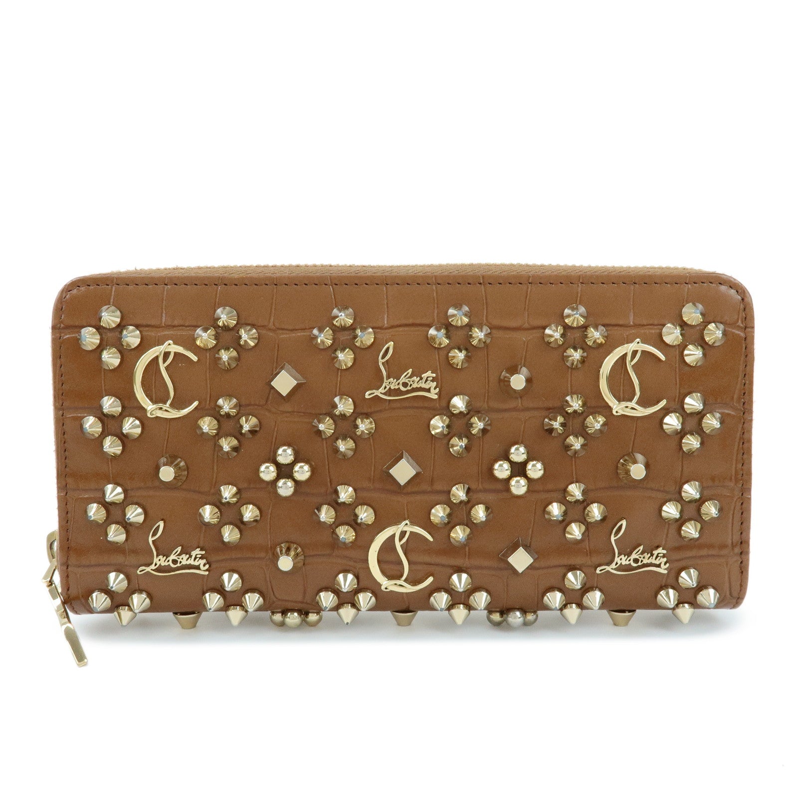 Christian Louboutin Embossed Leather Long Wallet Studs Brown