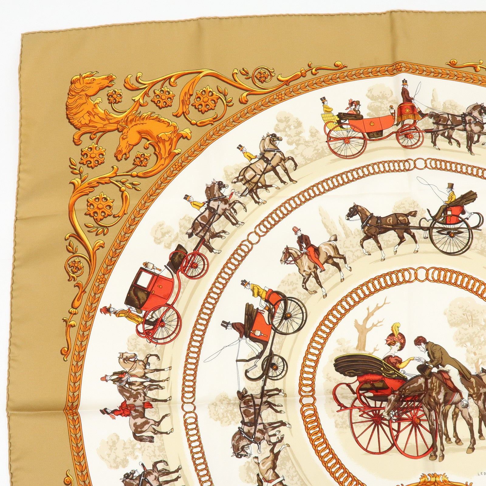 HERMES Carre 90 Silk 100% Scarf LA PROMENADE DE LONGCHAMPS Brown