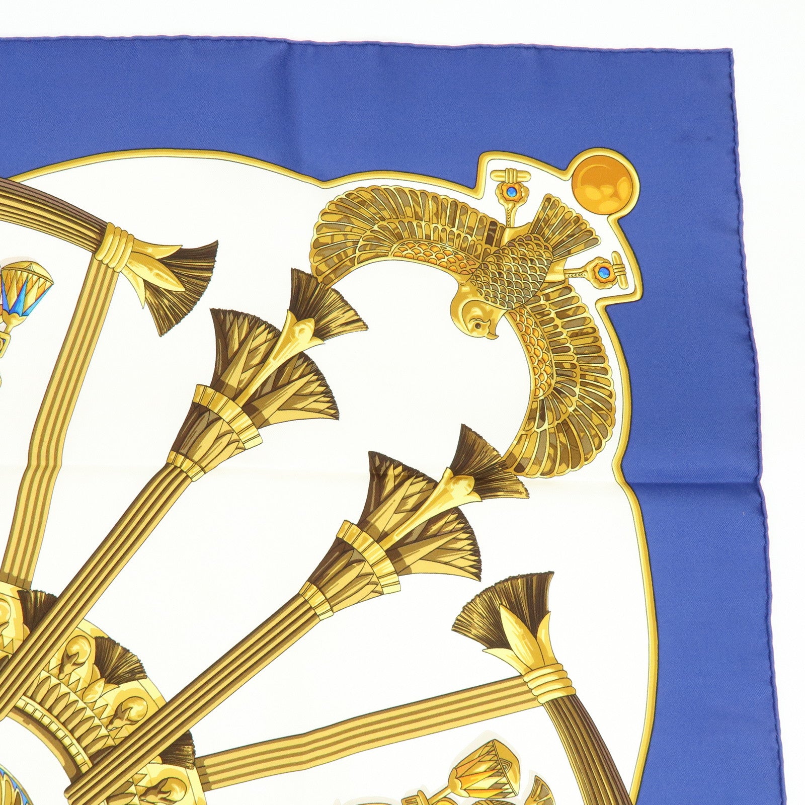 HERMES Carre 90 Silk100% Caty Ancient Egypt Scarab Scarf Blue White