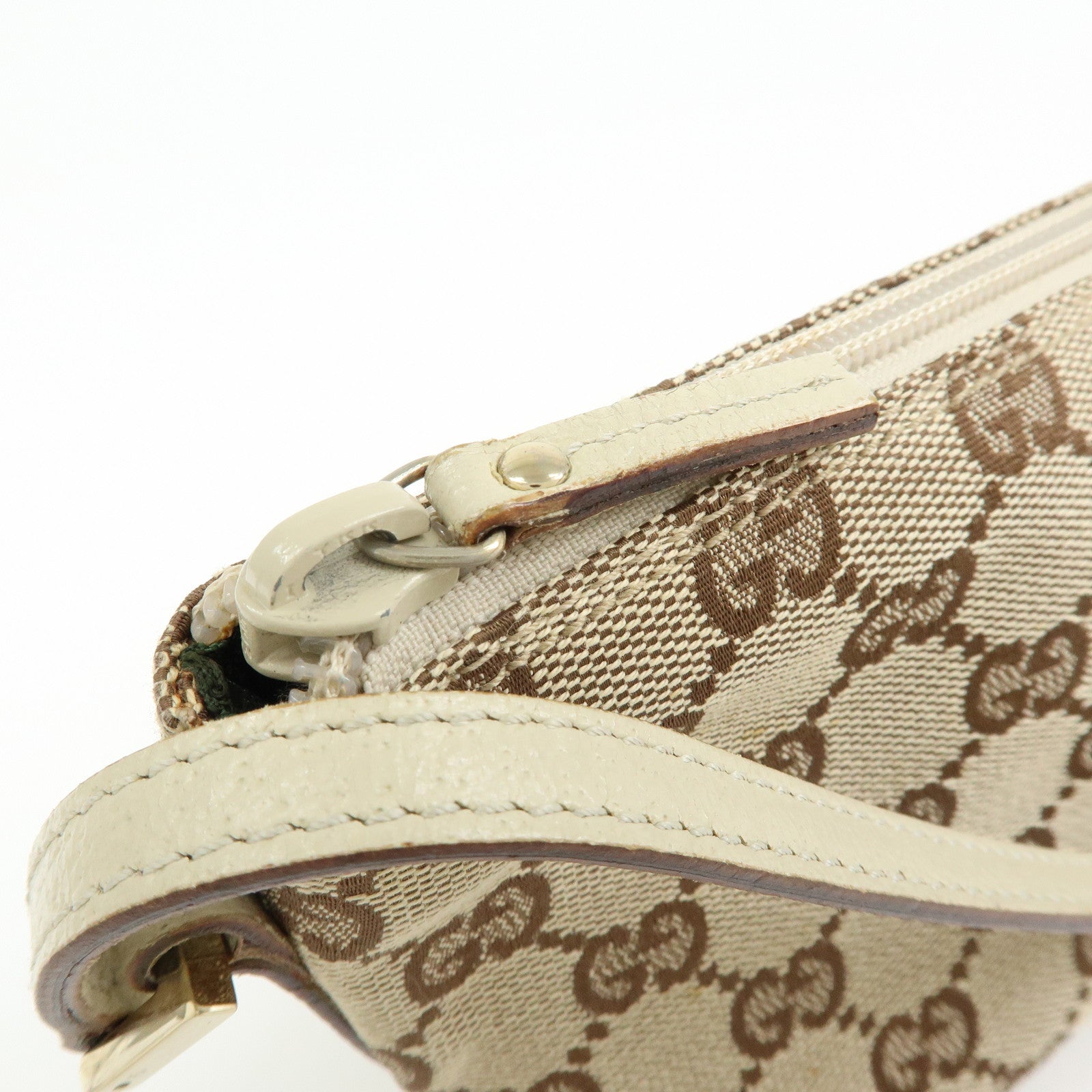 GUCCI Boat Bag GG Canvas Leather Hand Bag Pouch Brown Ivory 07198
