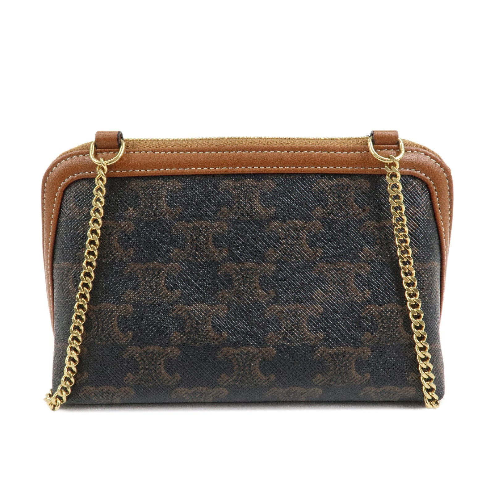 CELINE Triomphe Canvas Lamb Skin Chain Shoulder Bag Tan