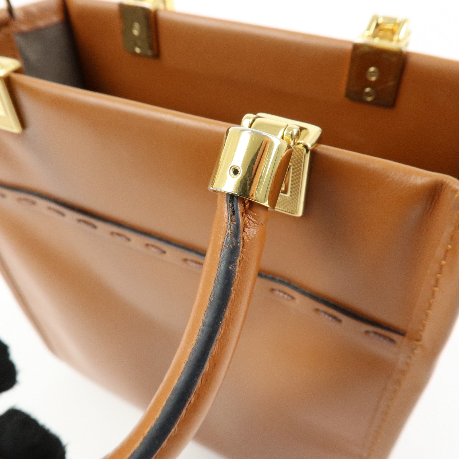 FENDI Leather Sunshine Shopper Small 2Way Hand Bag Brown 8BS092
