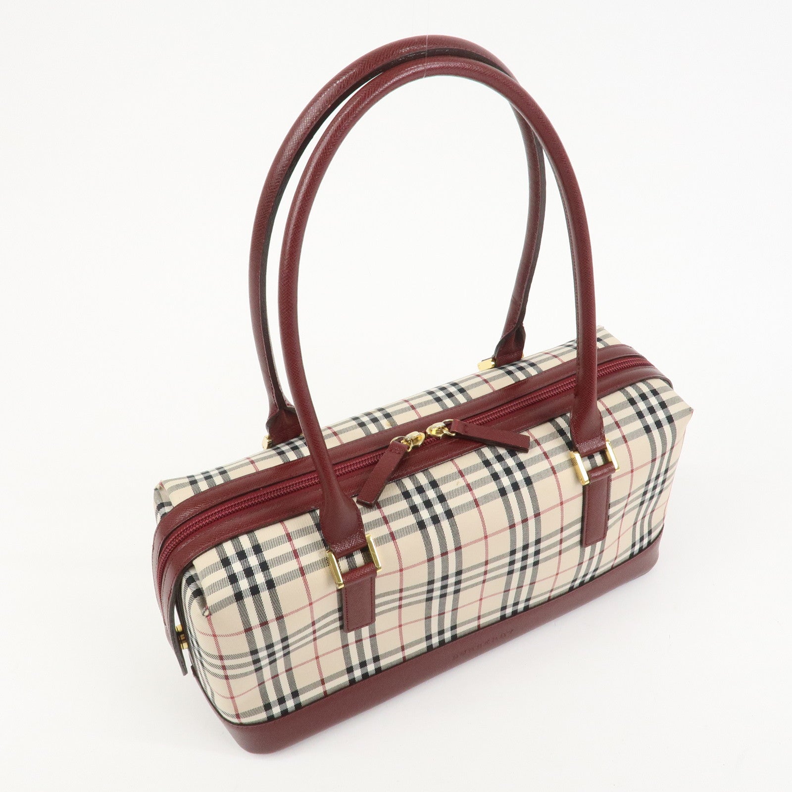 BURBERRY Nova Plaid Canvas Leather Shoulder Hand Bag Beige Bordeaux
