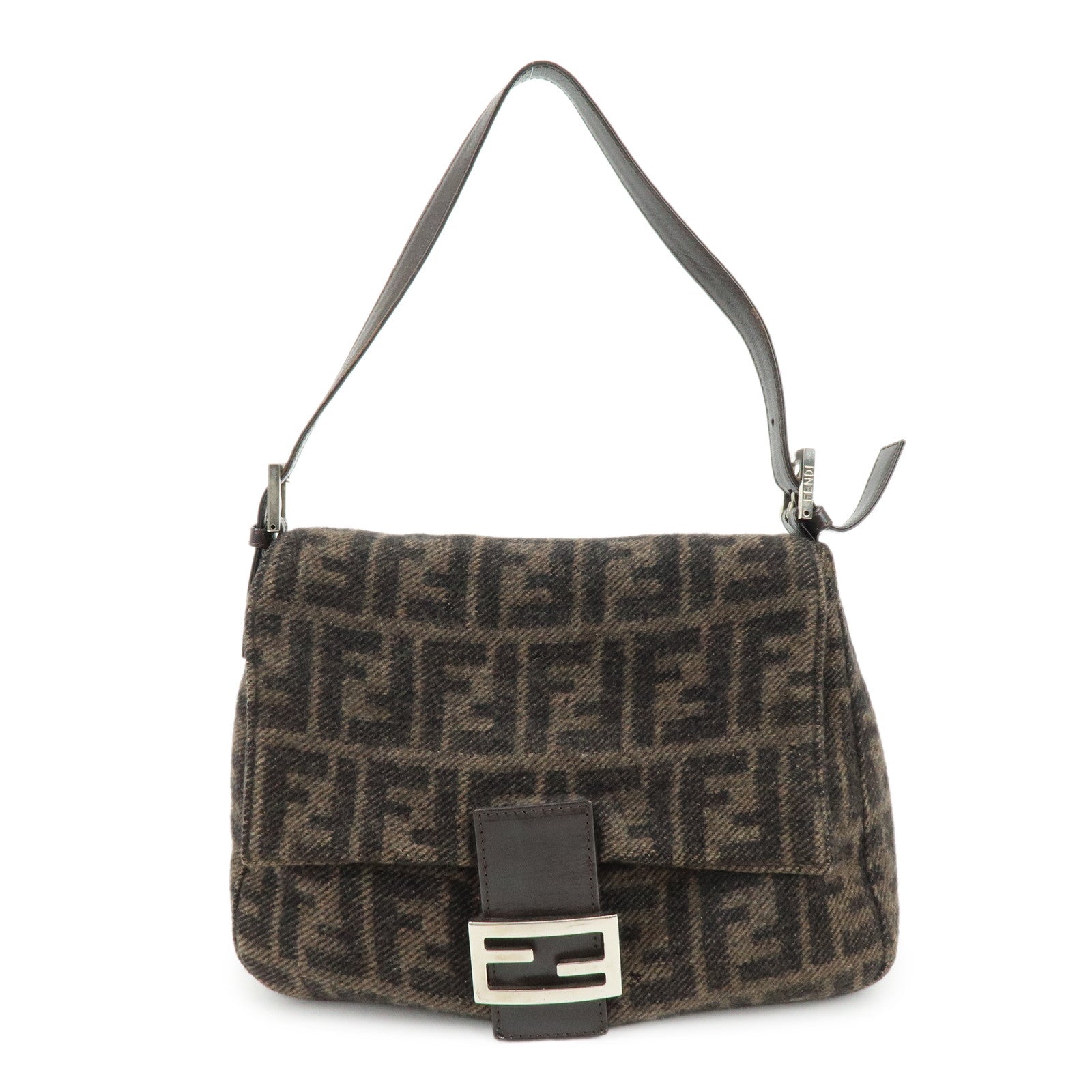 FENDI Mamma Baguette Zucca Wool Leather Shoulder Bag Brown 26325